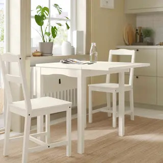 HAUGA set: dining table + chair x2, white/birch veneer + white, Height 75 x Width 74 x Length 82 cm