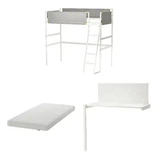 VITVAL/ÅFJÄLL set: loft bed frame + foam mattress + desk top, white/light grey + firm/white + white, 90x200 cm