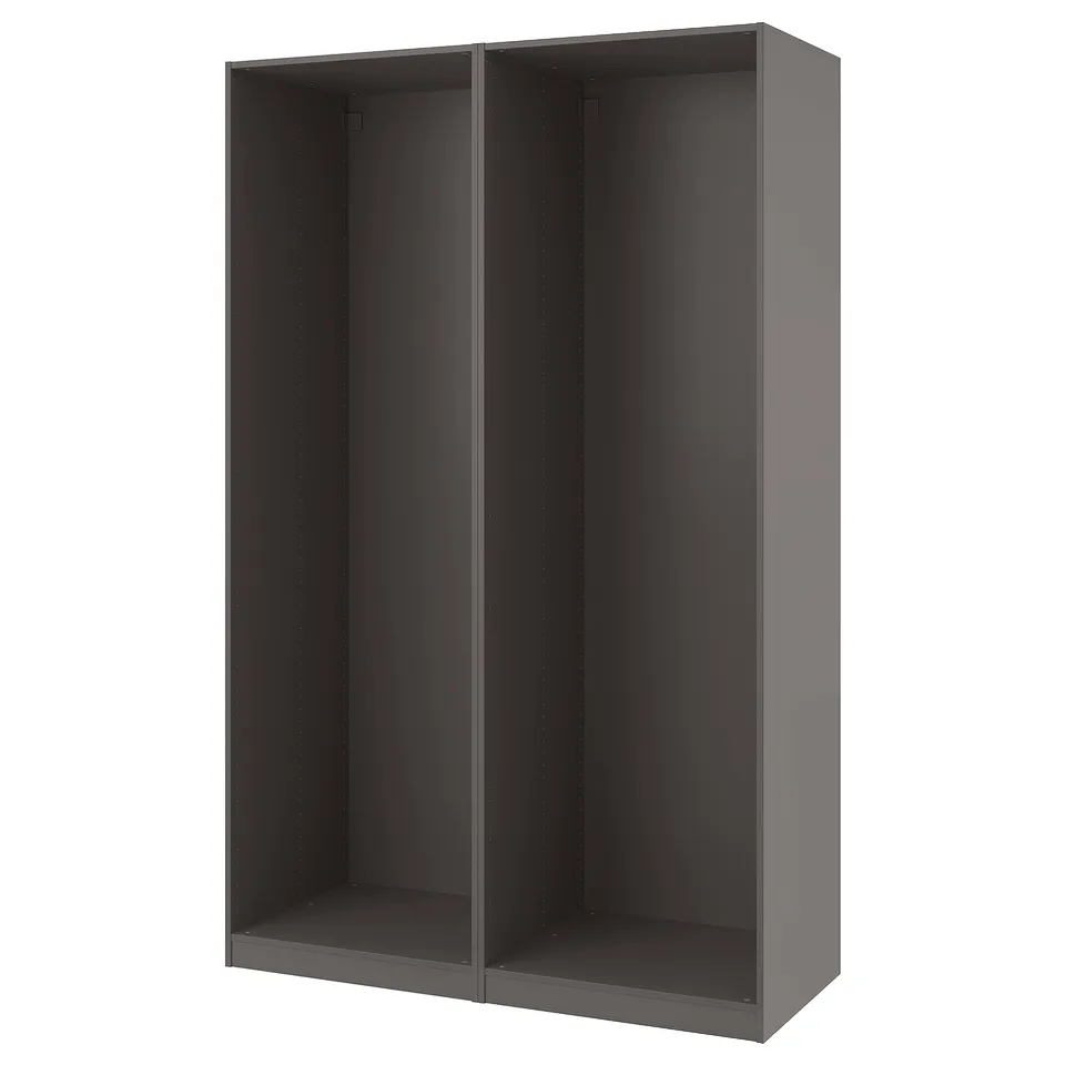PAX wardrobe: dark grey, open, large closet with particleboard design.