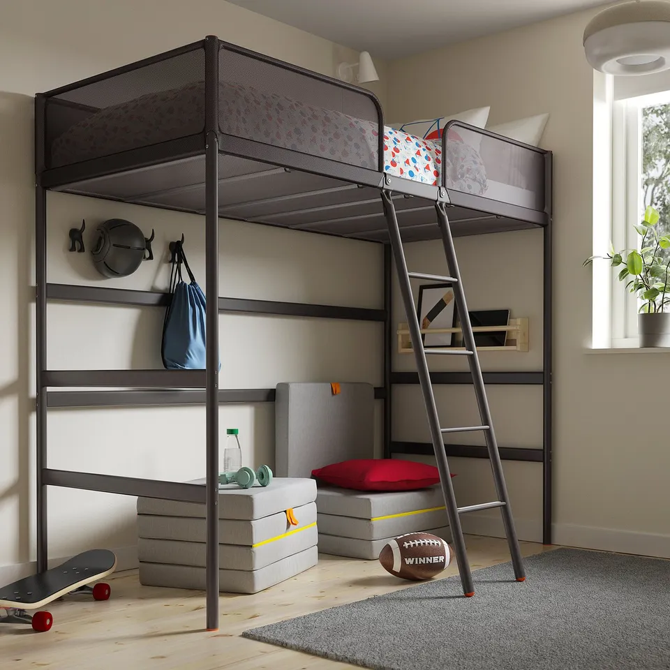 Black mesh loft bed with central ladder, saving floor space with storage below.