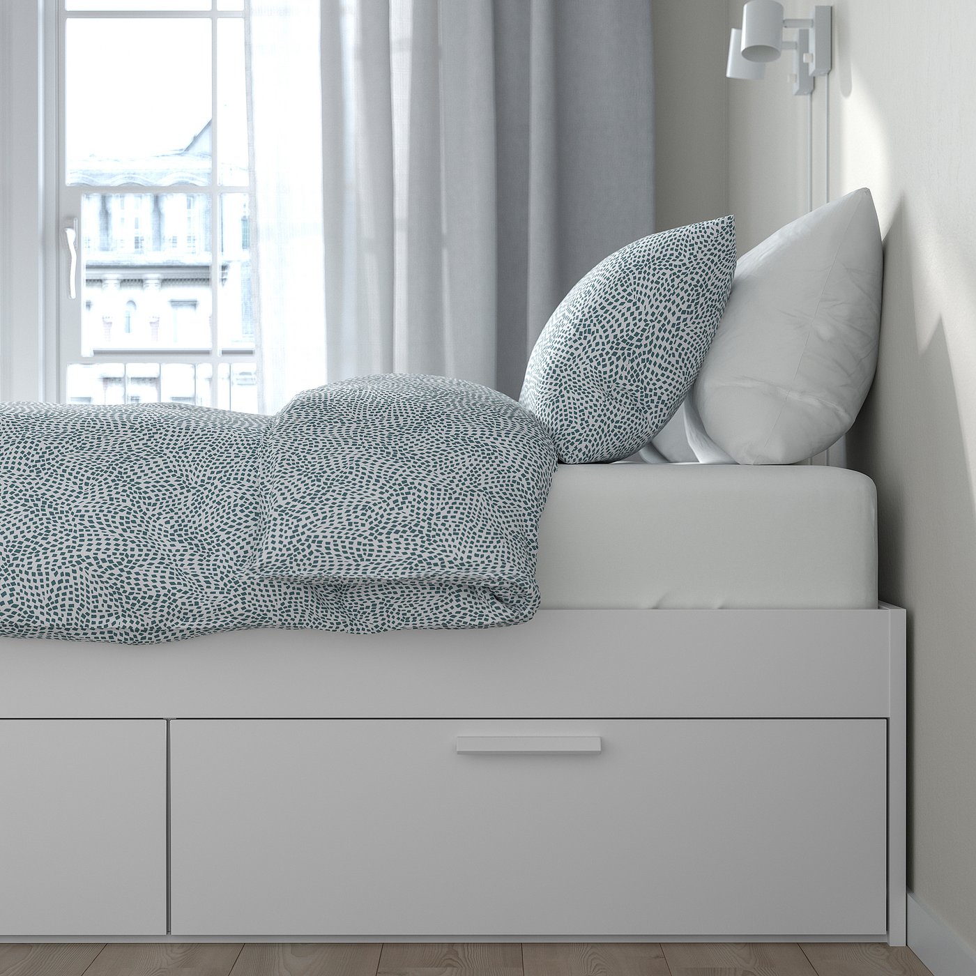 Modern bed frame with 4 storage drawers, creating space-efficient bedroom layout, visible through bed sides.