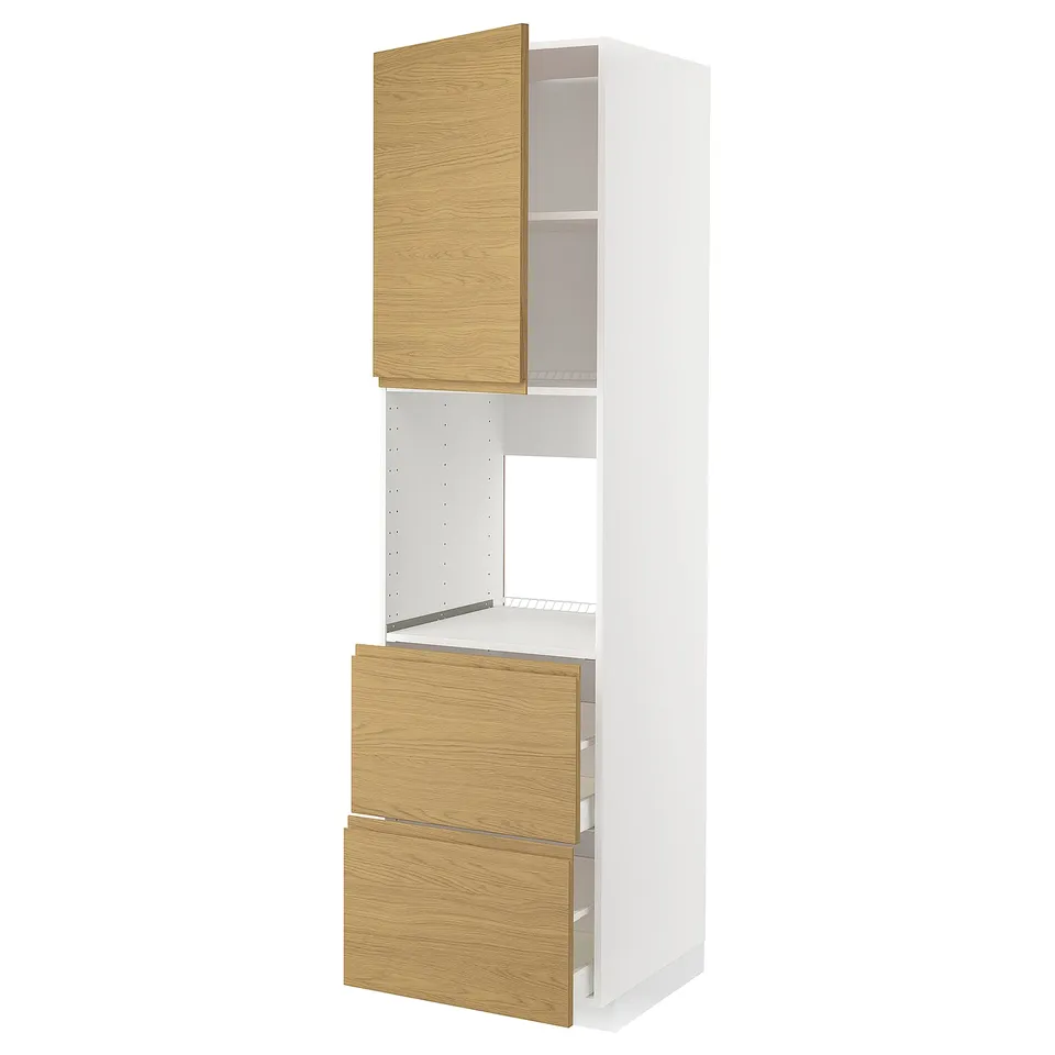 Depicts a modern kitchen unit, METOD, featuring a white and oak-colored cabinet with open drawers and shelves.