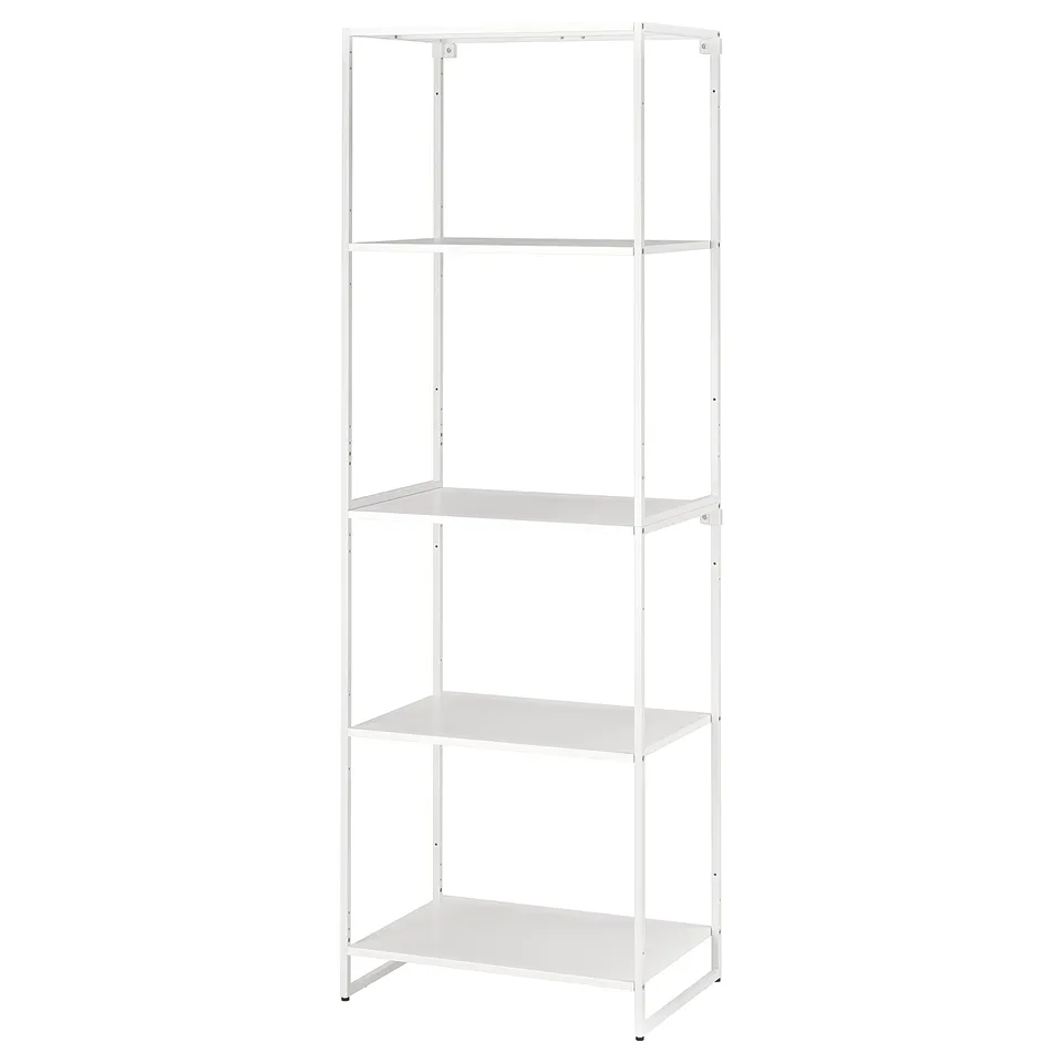 White JOSTEIN metal shelving unit; rectangular, four-tier, open structure.