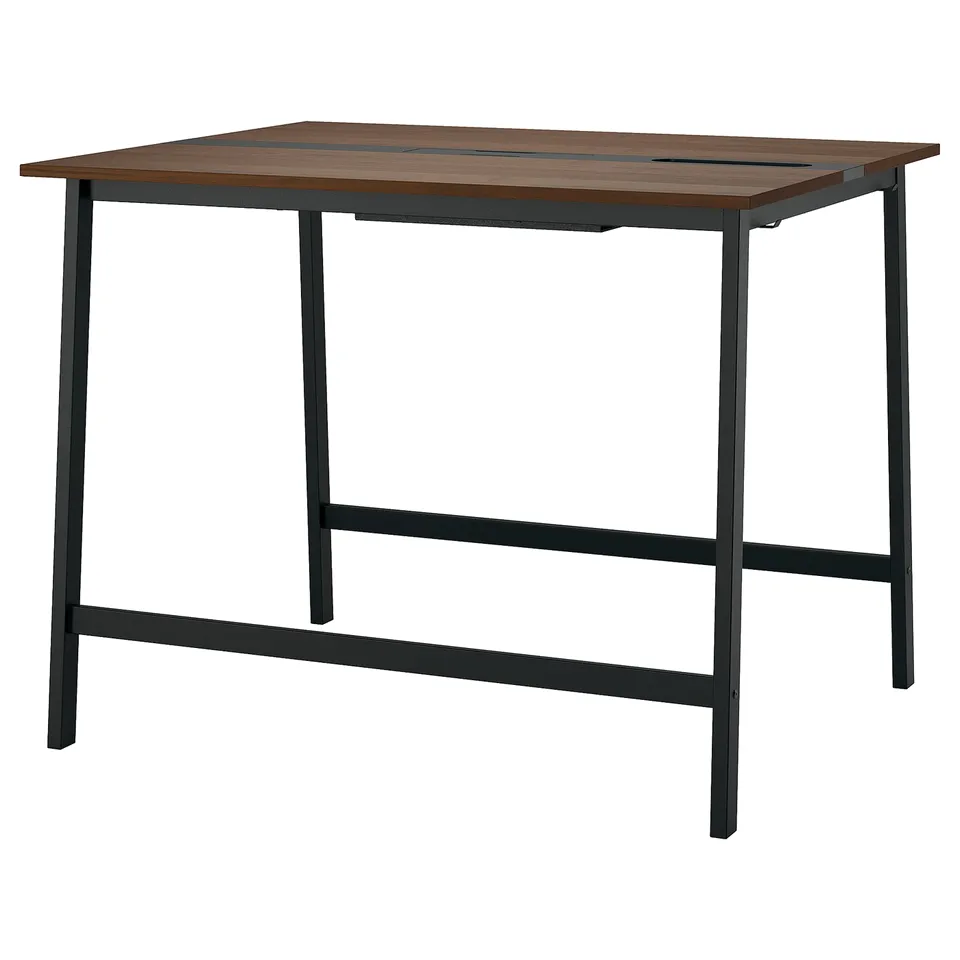 Modern MITTZON conference table in walnut with black metal legs, supports sitting or standing, includes cable management.