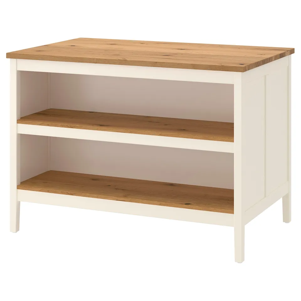 TORNVIKEN kitchen island, white with oak shelves and top. Rectangular, rustic, 10-year guarantee.