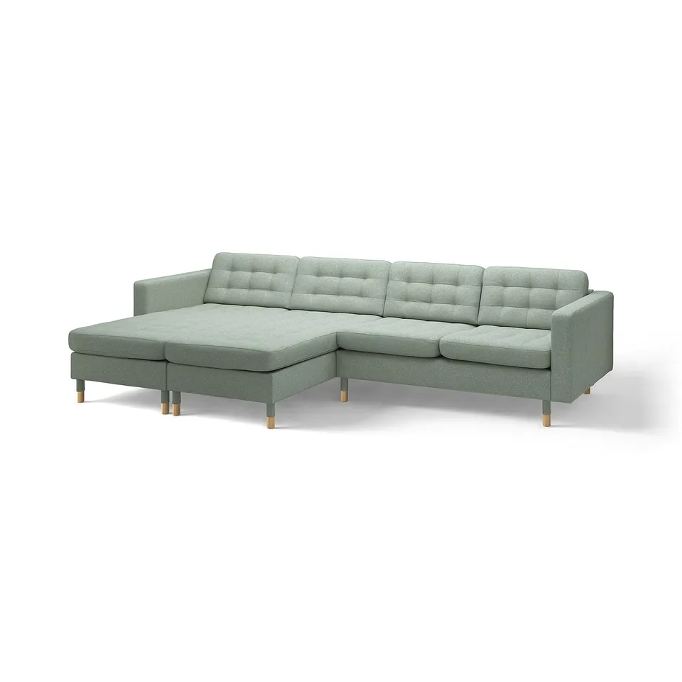 LANDSKRONA 4-seat sofa with chaise longues, Gunnared light green/wood