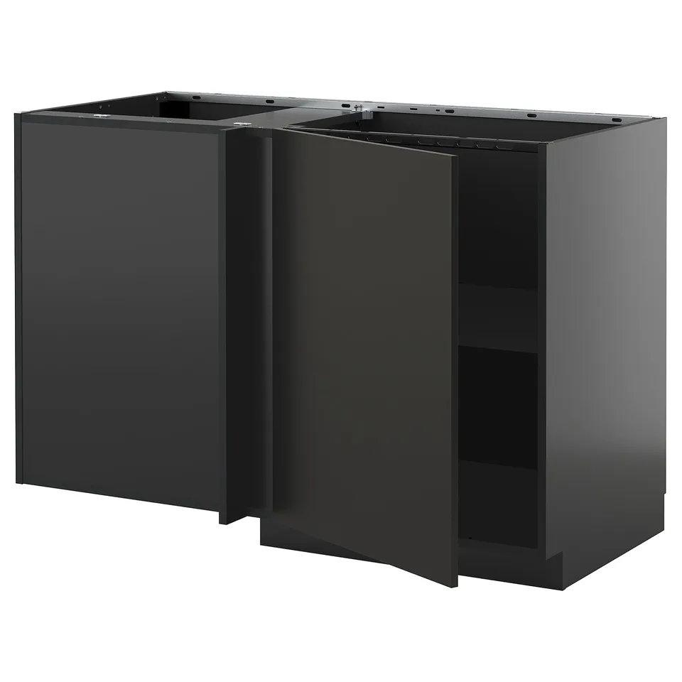 METOD kitchen units in black with shelves and modern design.