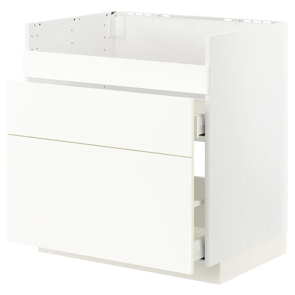 White METOD kitchen cabinet, three sections, modern design.