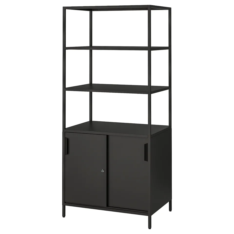 TROTTEN black storage. Combines open, closed cabinets. Metal frame, epoxy finish. Standing on adjustable feet. Elegant, practical for dividing spaces.