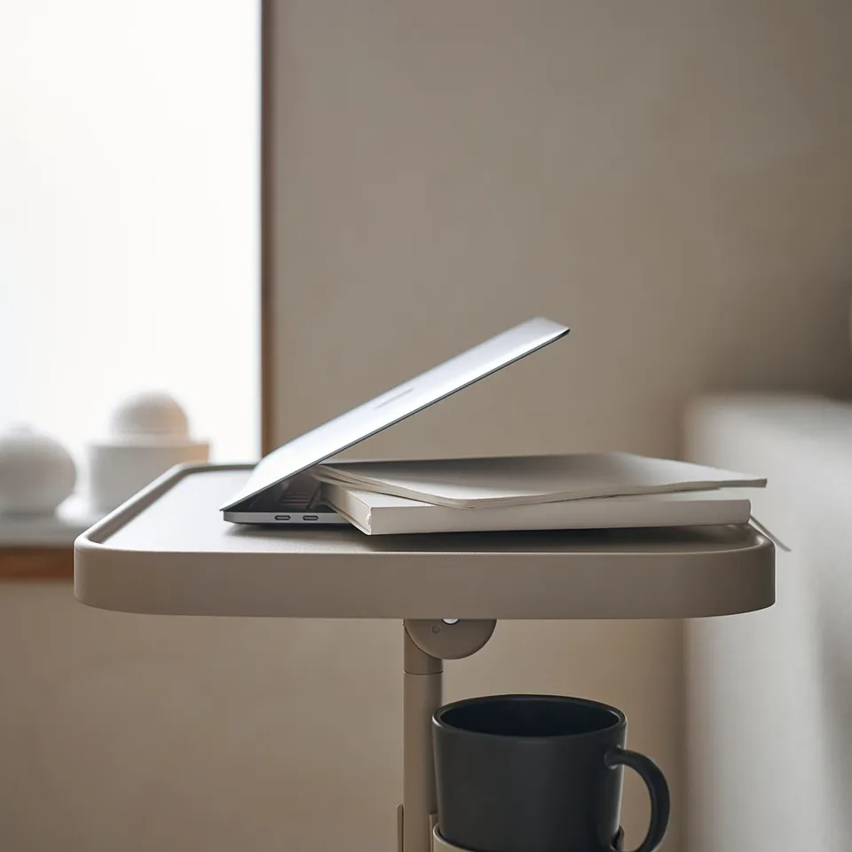 A minimalist beige BJÖRKÅSEN laptop stand with adjustable height, holding a laptop and notebooks, with a black mug holder attached.