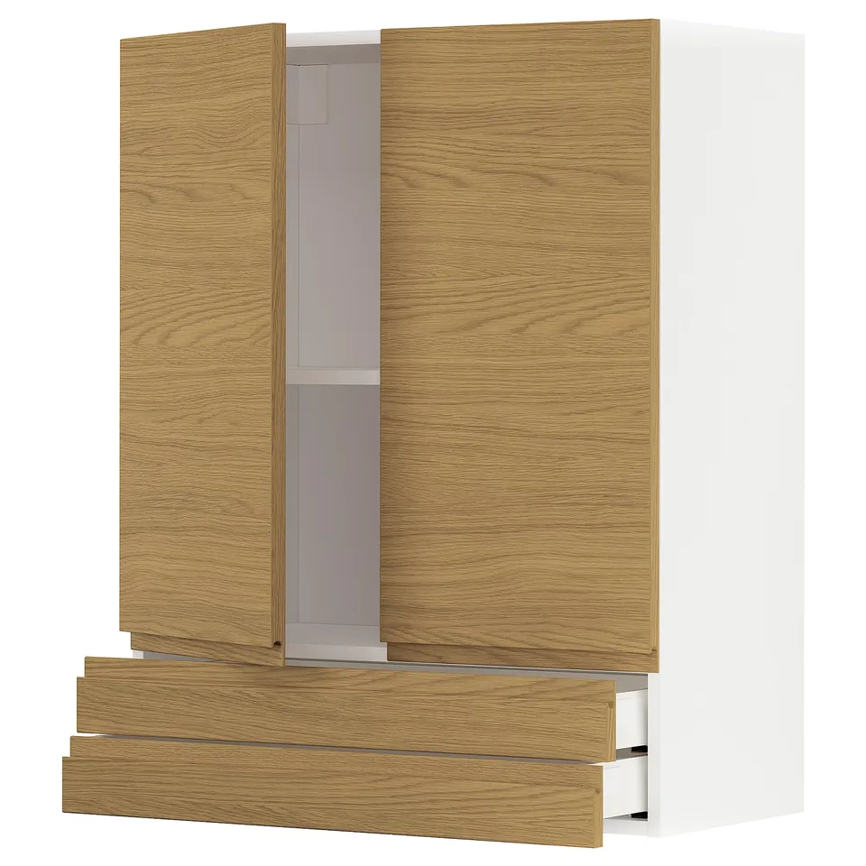 A modern, light-brown wooden kitchen cabinet set with white interiors and minimalist design.