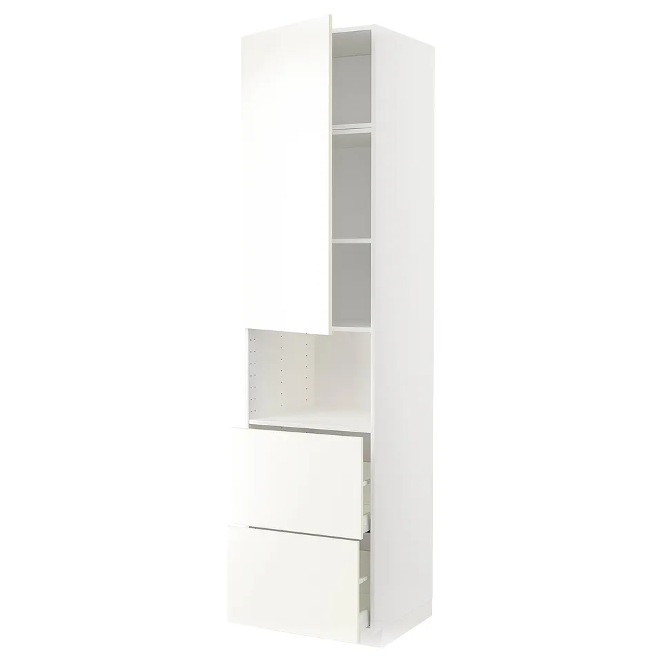 White METOD kitchen unit with drawers and shelves, sleek modern design.