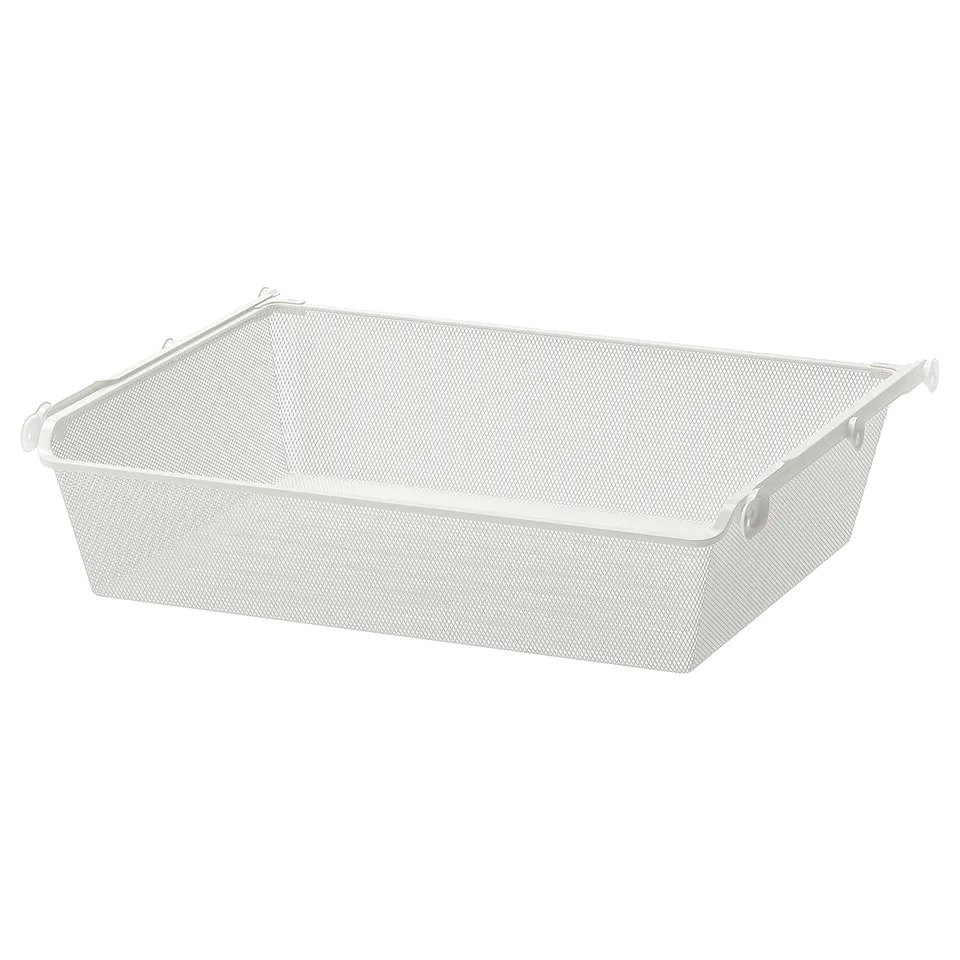 A white KOMPLEMENT mesh storage basket. Its rectangular, made of steel with an epoxy coating, featuring a pull-out rail and wheels for easy access.