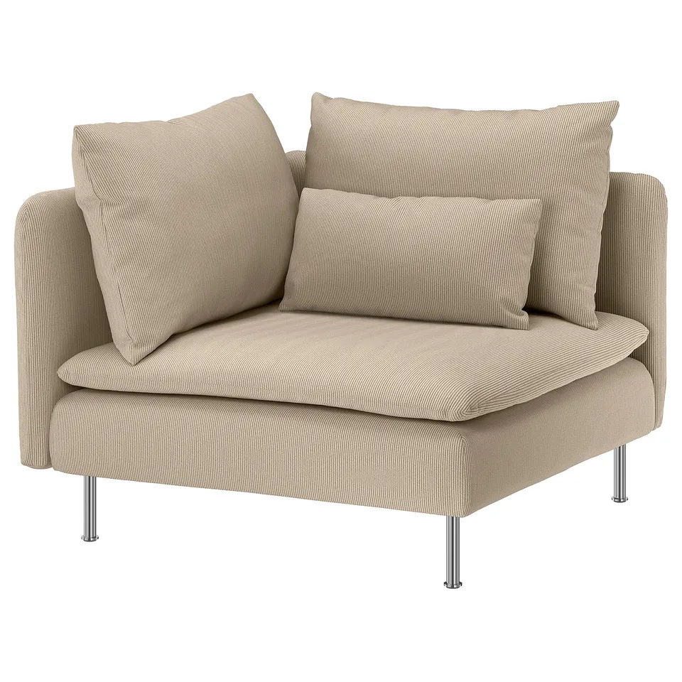 Beige fabric armchair, sleek design, raised legs, plush cushions, modern sofa.