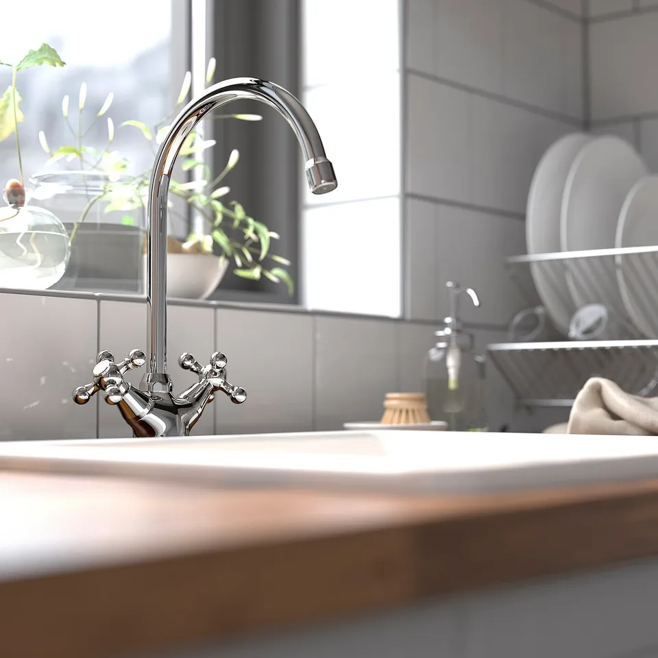 A modern chrome kitchen tap, larger than nearby dishes, with a sleek curve and cross handle design.