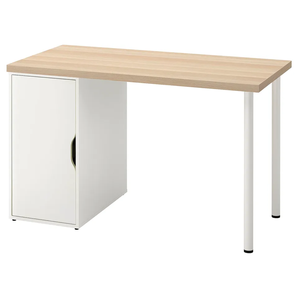 The LAGKAPTEN desk with light wood top and white cabinet. Simple, functional design with adjustable shelf behind door.