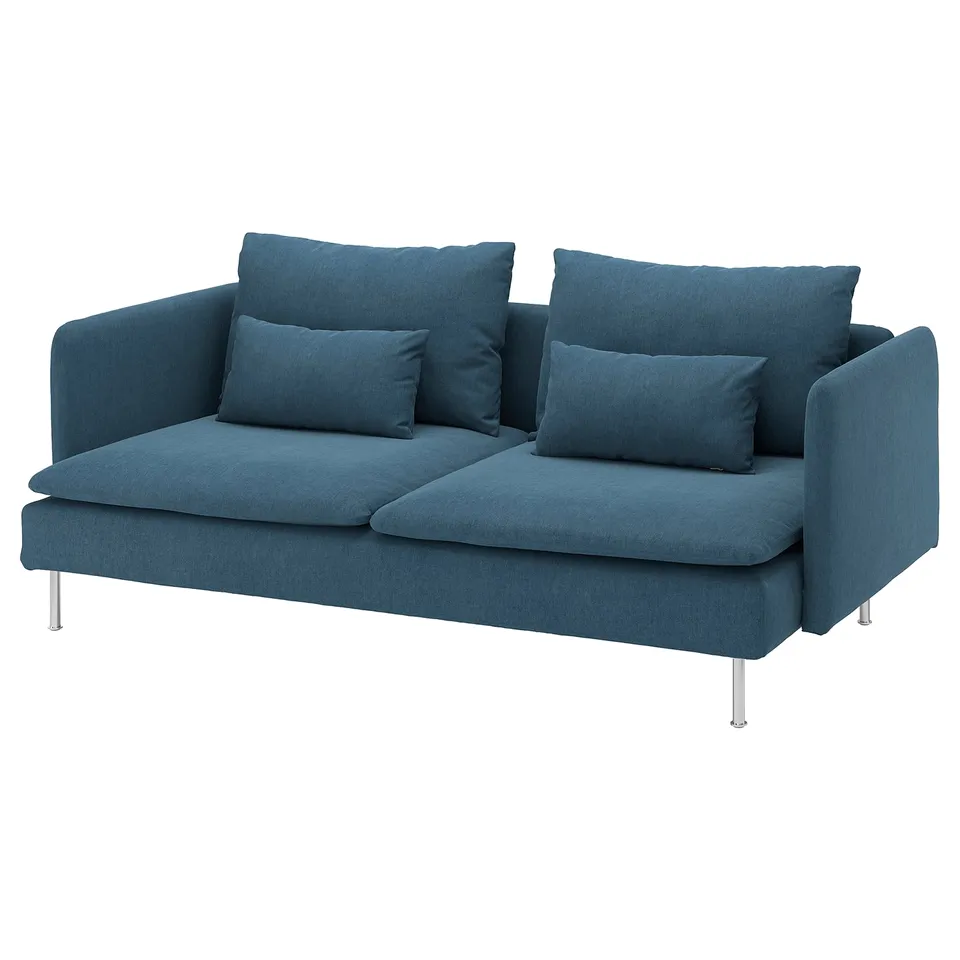 Depicts a modern, teal-blue SÖDERHAMN sofa with loose cushions, featuring a sleek design and steel legs.