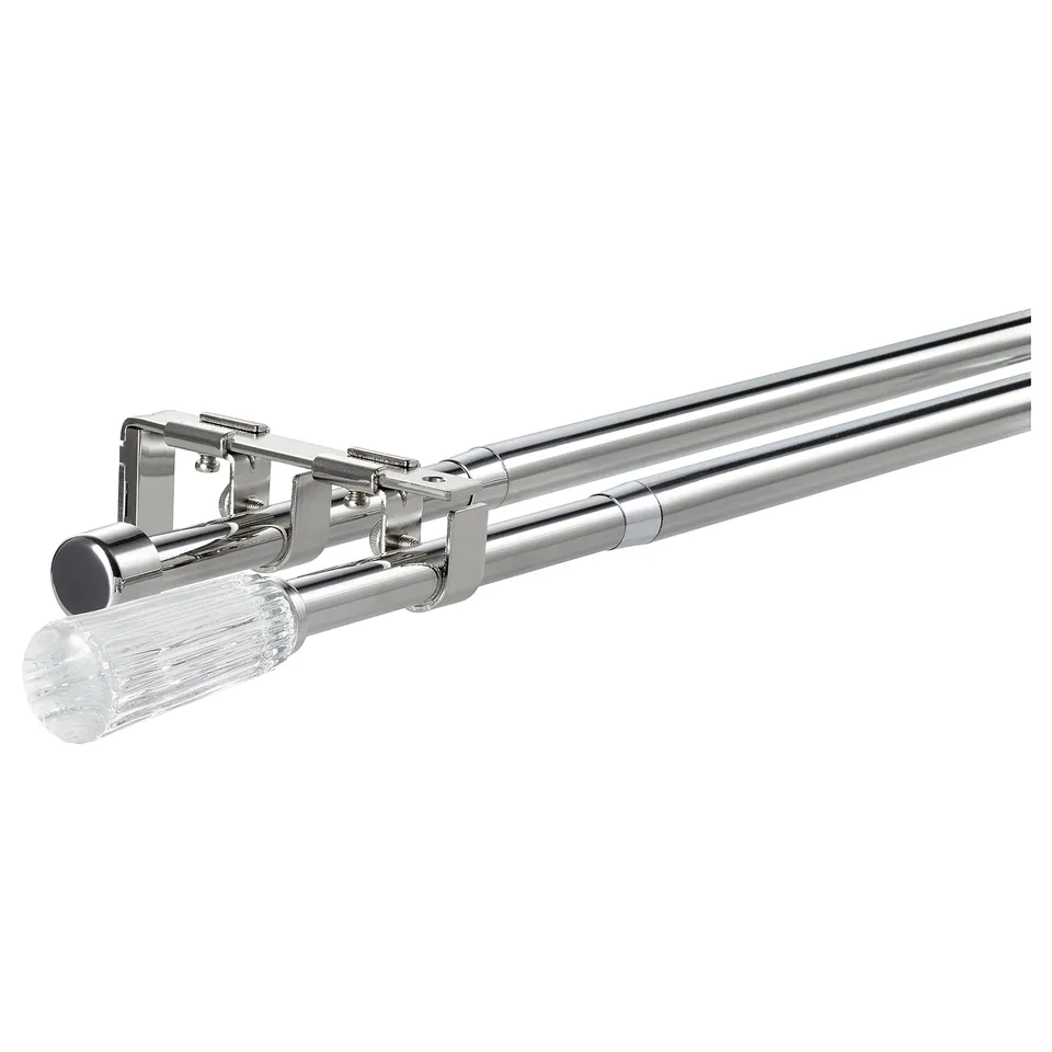 Soldvärg mal double chrome curtain rod set with glass finials.