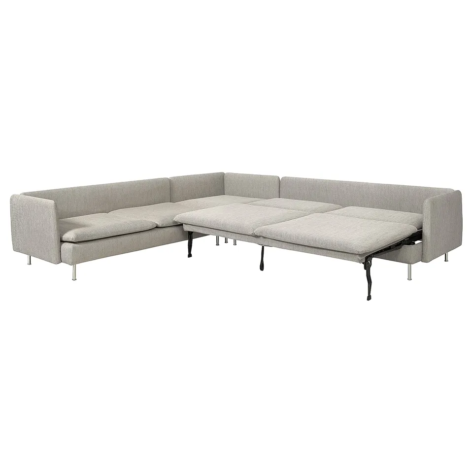 A beige SÖDERHAMN sectional sofa bed with sleek, modern lines and high legs, designed for comfort and functionality.