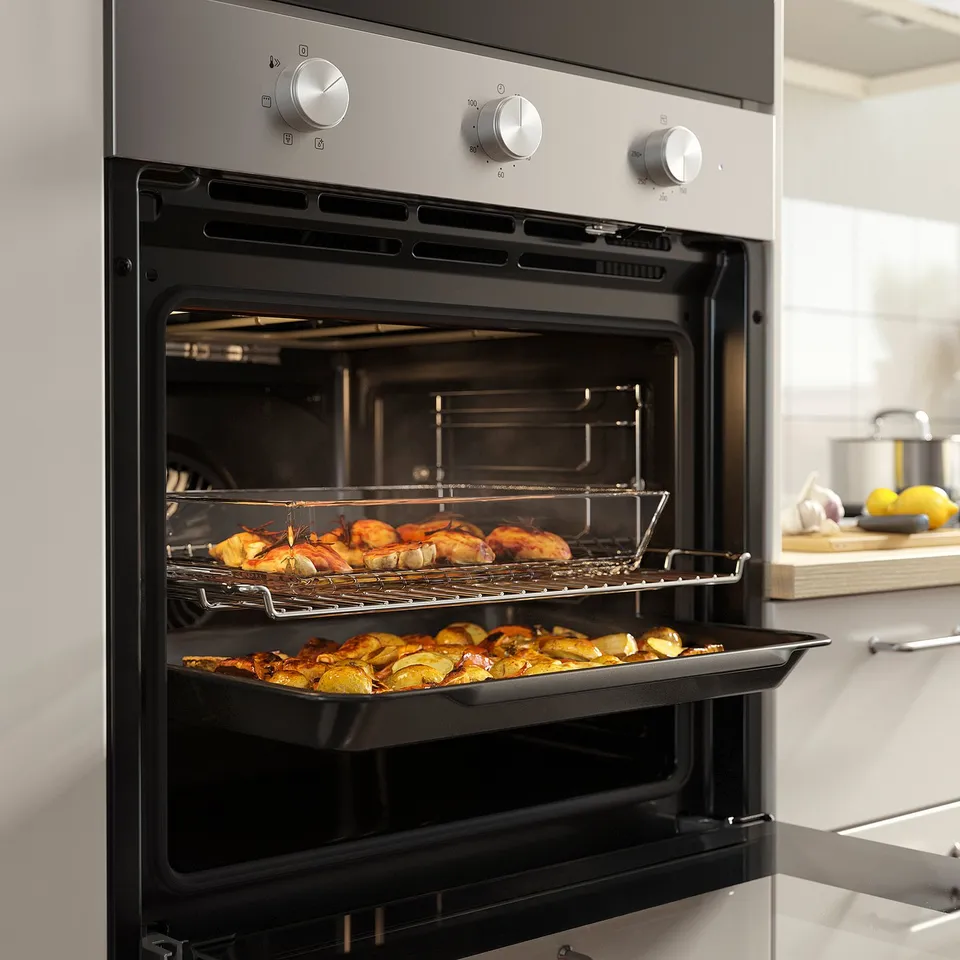 Stainless steel oven with open door displaying food on two racks.