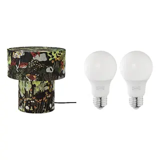 SOLHETTA/STOCKHOLM set: table lamp + LED bulb E27 806 lumen, black multicolour/textile + dimmable/globe opal white, 35 cm
