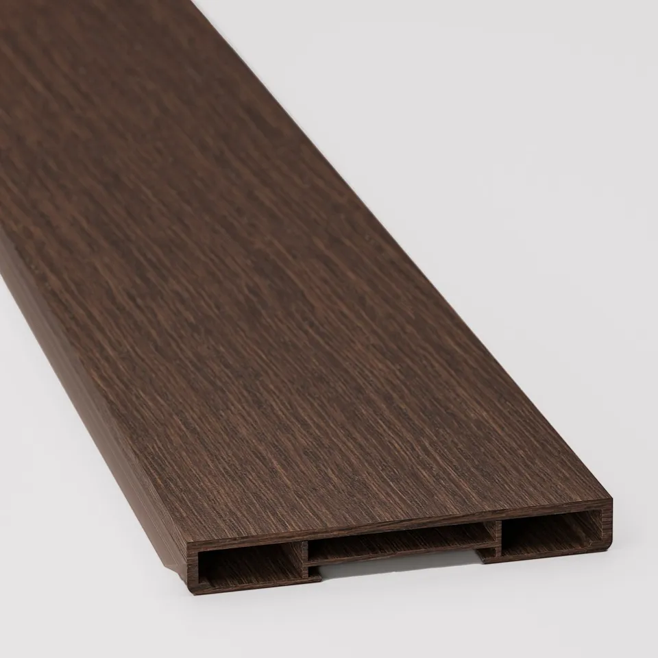 Wooden plinth with dark, textured finish. Slim design, smooth edges. Shows quality and craftsmanship.