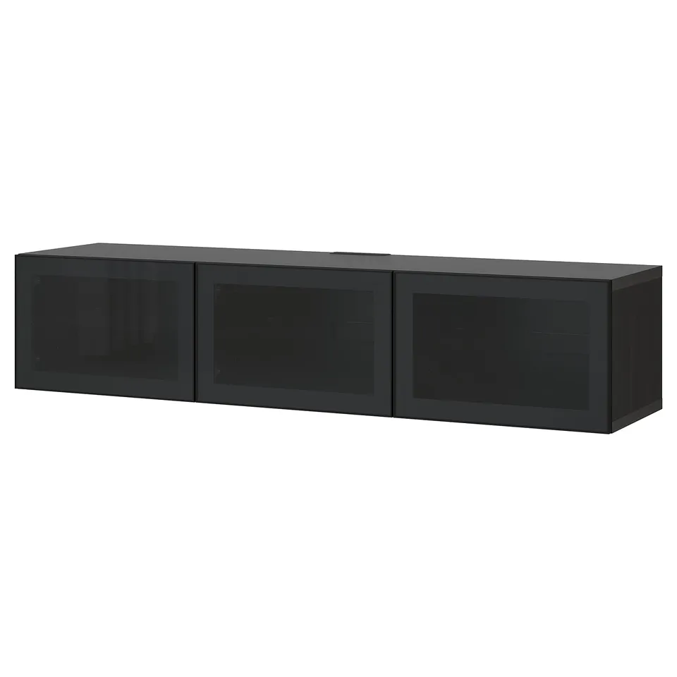 Black modern tv stand with three glass doors, offering storage and cable management solutions. Rectangular shape with sleek design.
