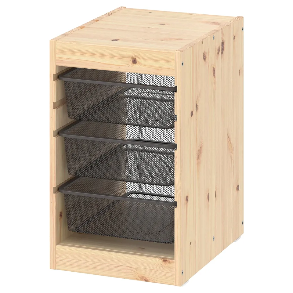 TROFAST storage unit, light wood, three mesh baskets, simple design.