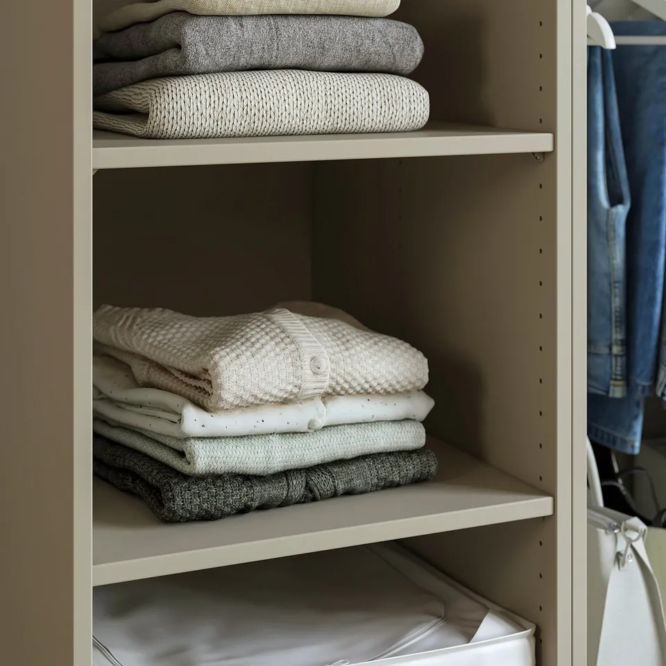 Folded clothes organised on three shelves in a closet. Top and bottom shelves hold neatly stacked sweaters and shirts.