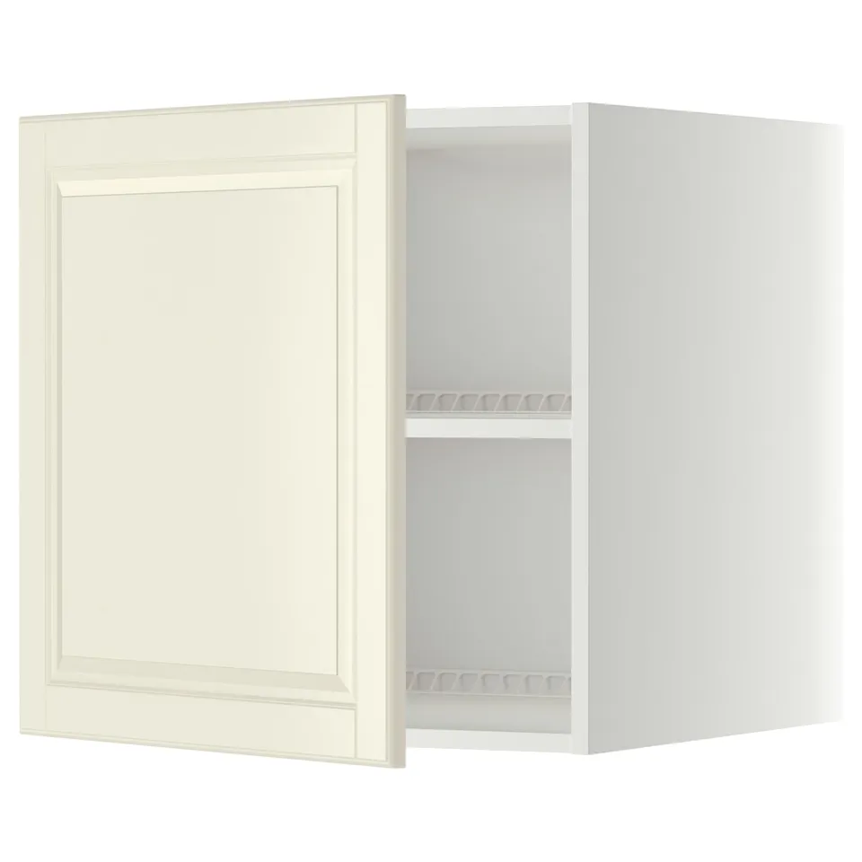 Off-white wall cabinet, cream, METOD kitchen system, wooden with bevelled edges, square, storage shelf inside.