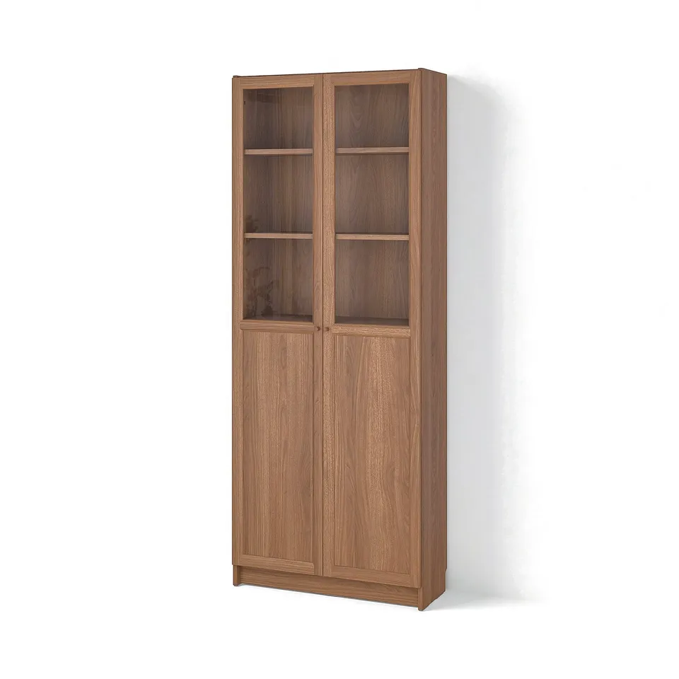 BILLY / OXBERG Bookcase with panel/glass doors, brown walnut effect, 80x30x202 cm