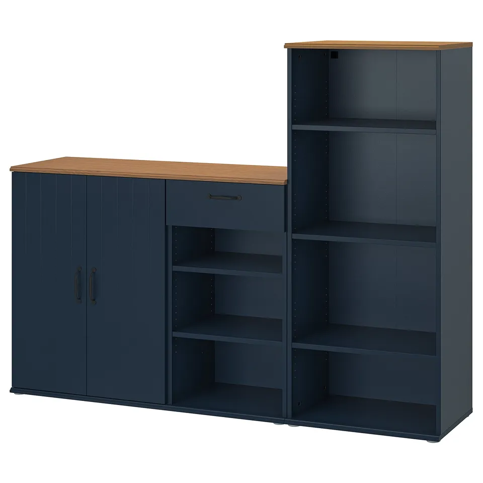 Blue SKRUVBY set: wide sideboard, tall cabinet. Wood tops, dark handles.