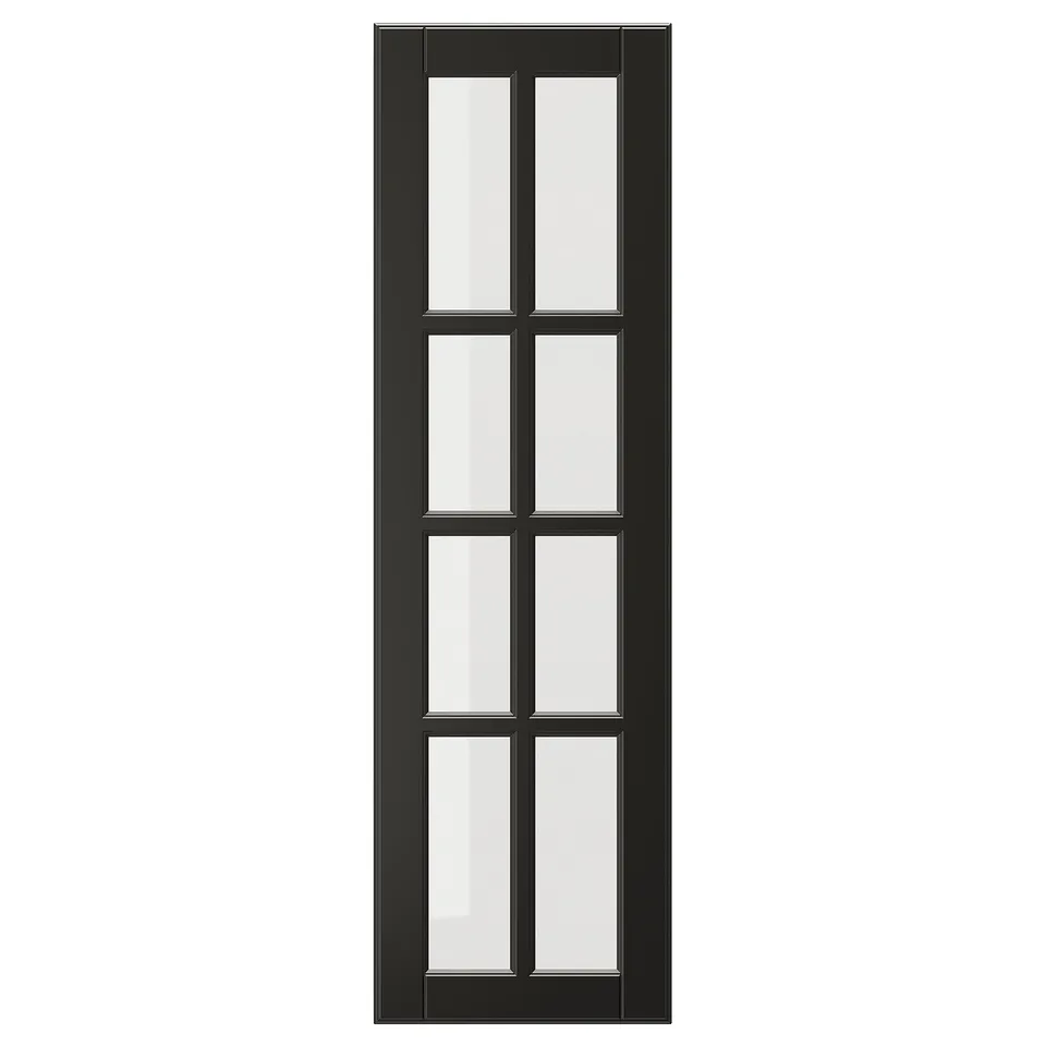 BODBYN black glass door with bevelled frame, made of fibreboard and tempered glass. Rectangular shape with classic design.