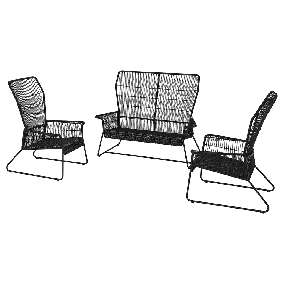 Black TALLSKÄR outdoor set: 2 armchairs, 1 sofa, metal frames, woven plastic.
