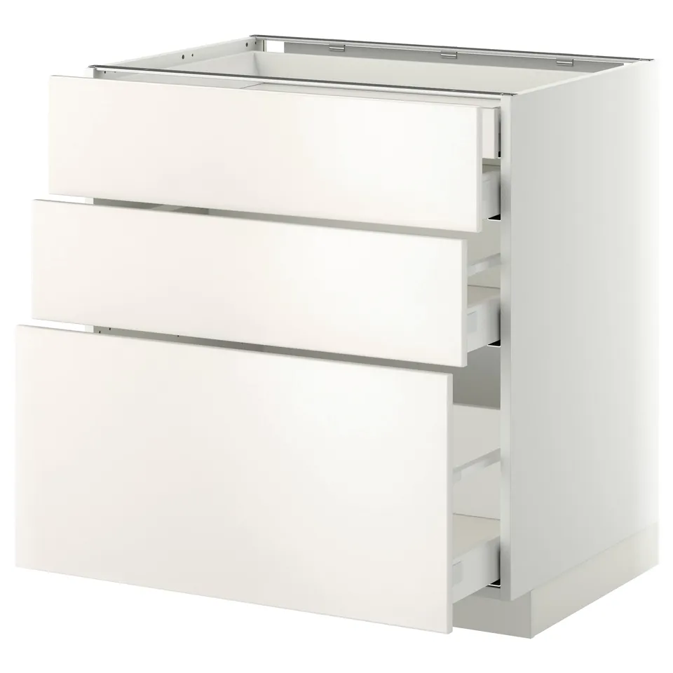 A modern white ikea METOD kitchen drawer unit. It three fully extendable drawers with a sleek, minimalist design.