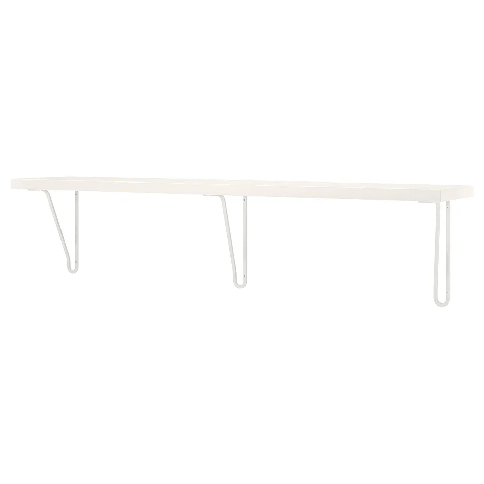 A white BERGSHULT wall shelf with two metal brackets. Its simple and rectangular, perfect for storage.