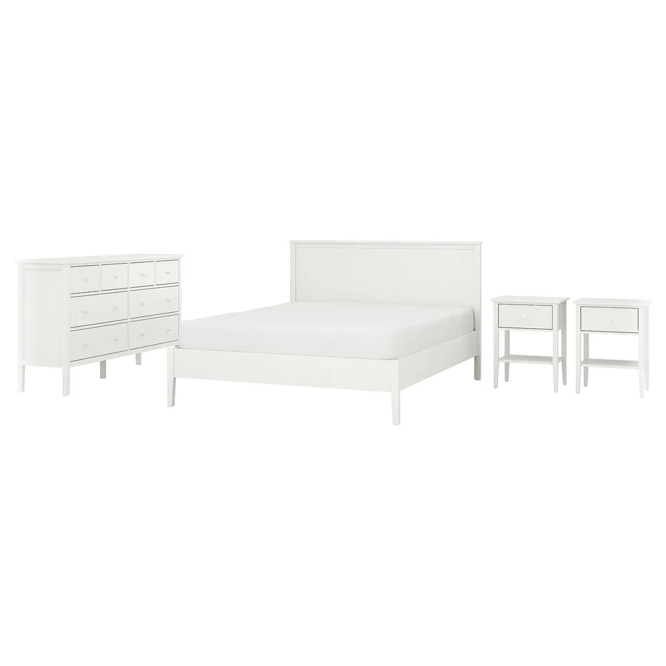 White GULLABERG bedroom set including bed, nightstands, and dresser. Modern, minimalist style with clean lines.