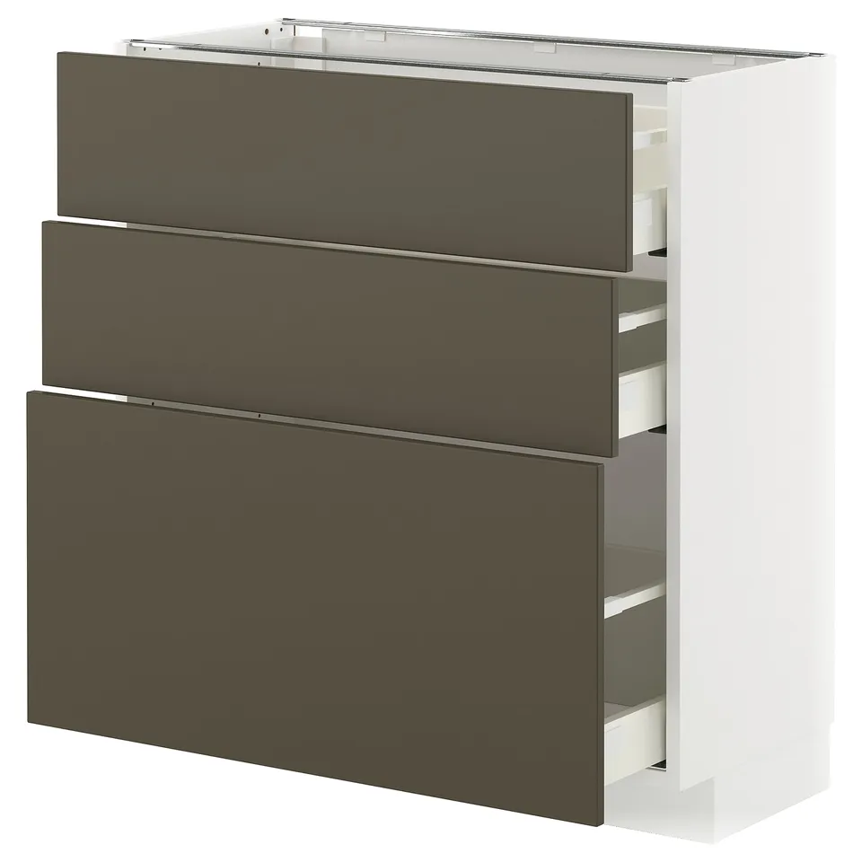 METOD kitchen unit, white with brown drawers, sleek modern design.