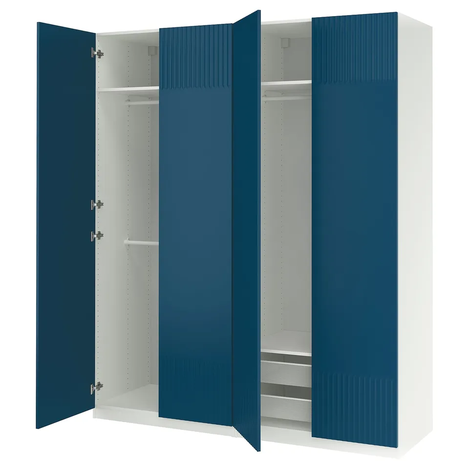 Blue PAX wardrobe with white interior, open doors, shelves, rail, and basket.