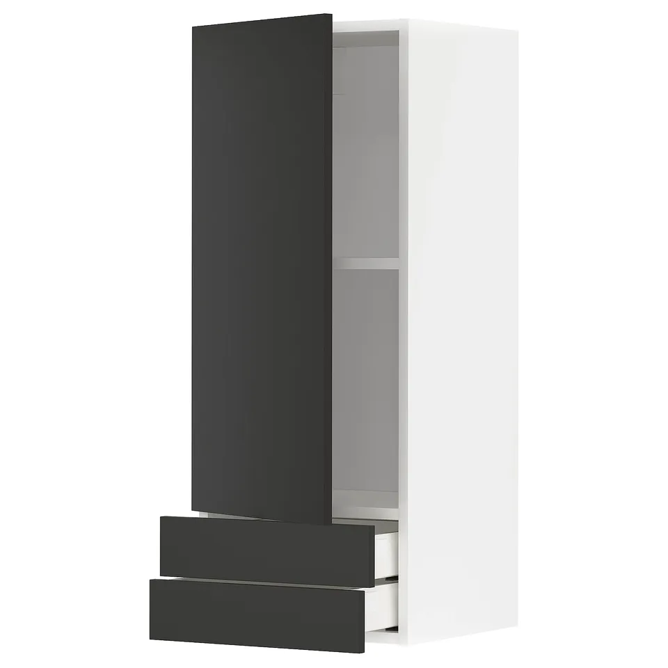 Modern black and white cabinet, slim vertical design with two drawers and a door, sleek minimalist style.