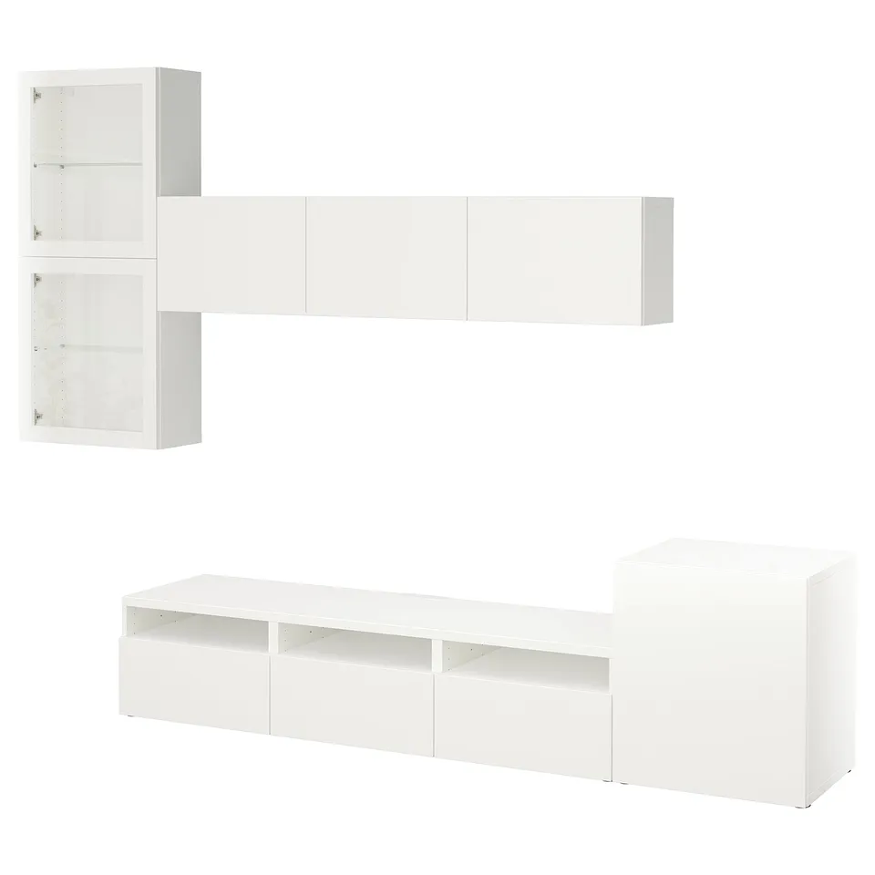 Modern BESTÅ white storage set. Tv bench, wall cabinets, and open shelves. Sleek design for contemporary spaces.