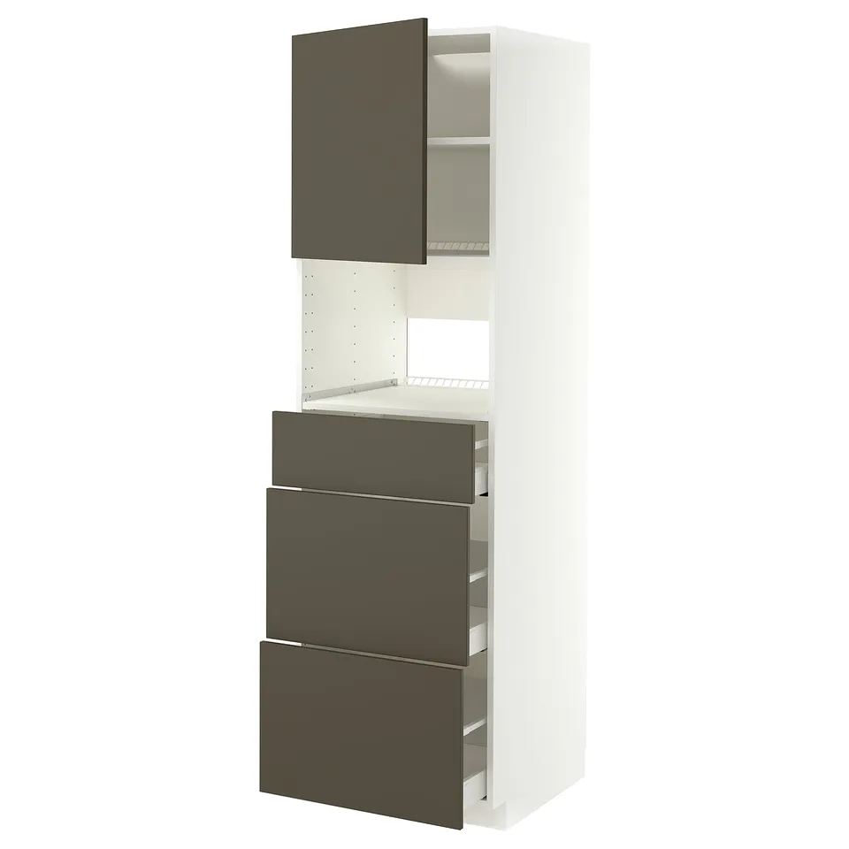 A white METOD kitchen unit with dark grey drawers and a door. The unit a modern design with a tall structure and multiple compartments.