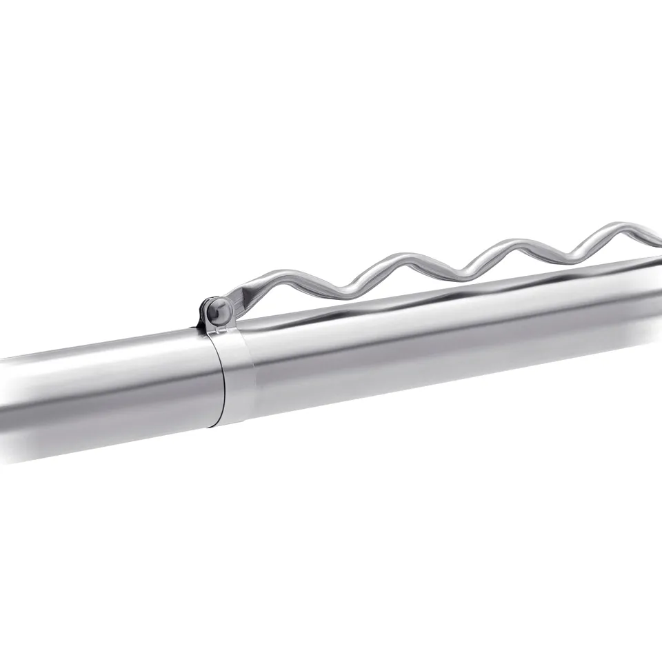 Silver stainless steel adjustable clothes rod with wavy design for hanging.