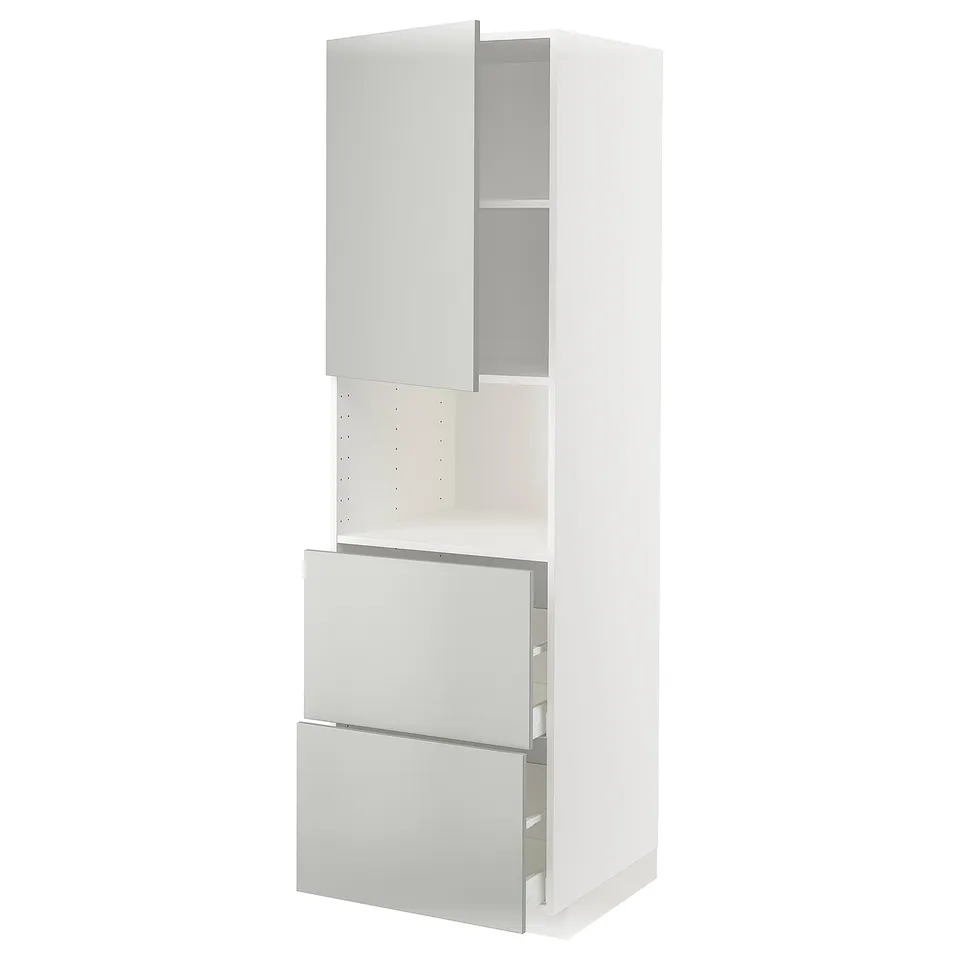 White METOD kitchen unit with grey drawers and open section.