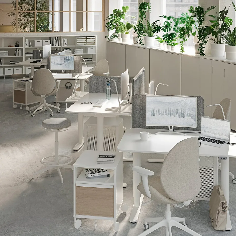 Contemporary office with LIDKULLEN desks, ergonomic chairs, computers, and plants. Bright and healthy.