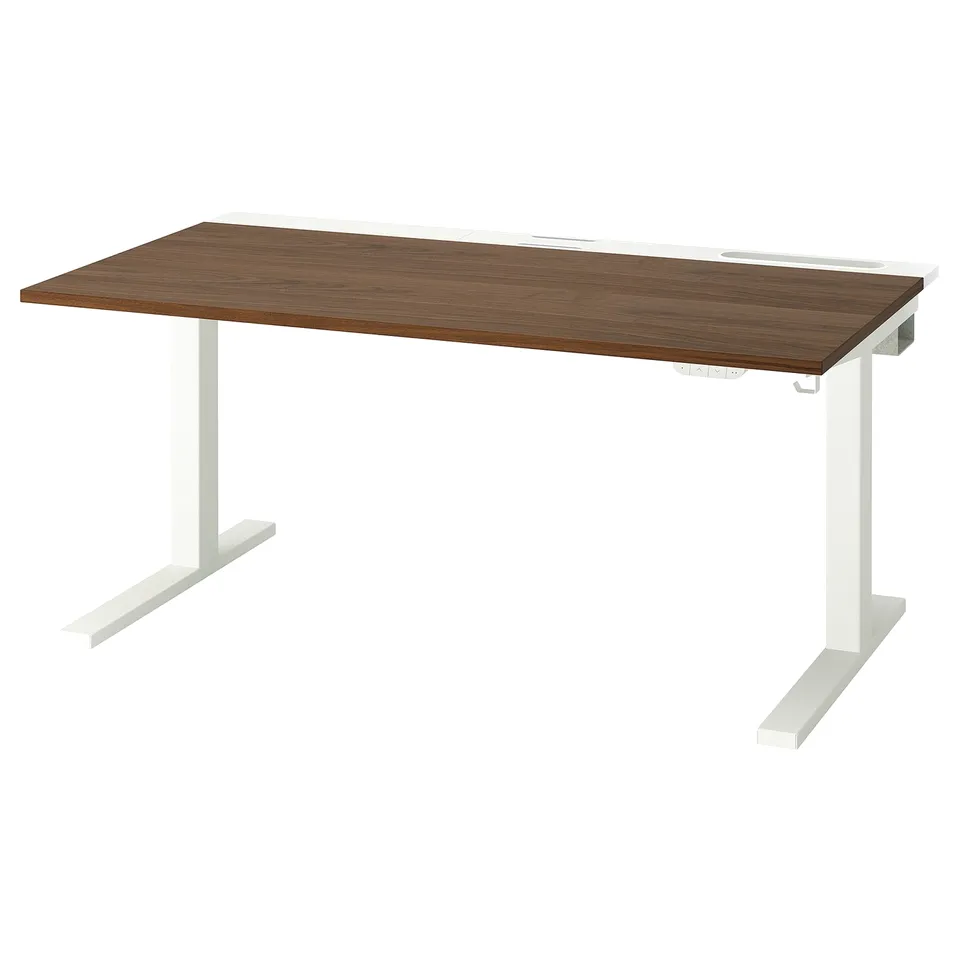 MITTZON desk: walnut top, white legs, sit-stand.