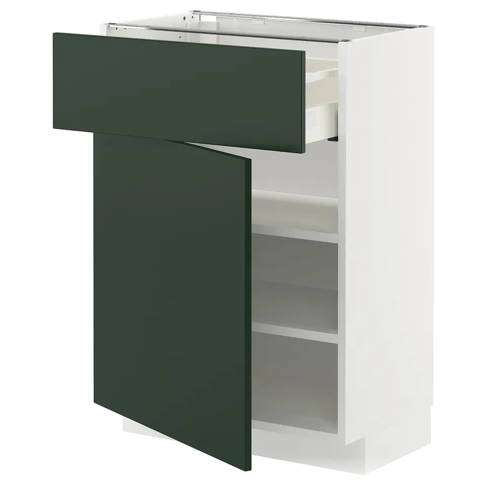 Modern kitchen cabinet with dark green door and adjustable shelves. White frame and sleek design.