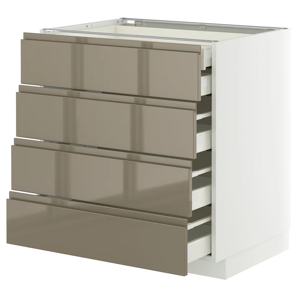 Modern kitchen cabinet with sleek, dark grey-brown metallic drawers, four-tiered, fully extendable, in a minimalist design.