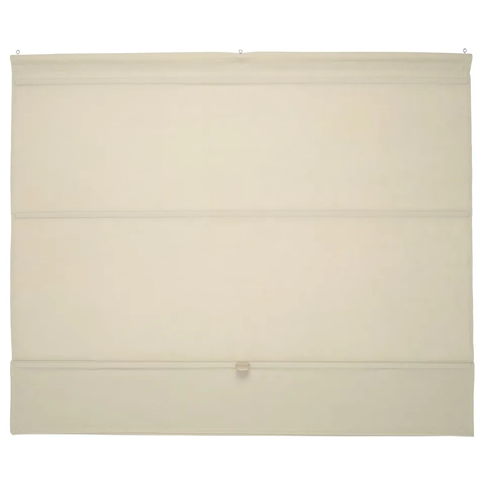 Beige RINGBLOMMA roman blind, linen look fabric, cordless, raised with magnets.