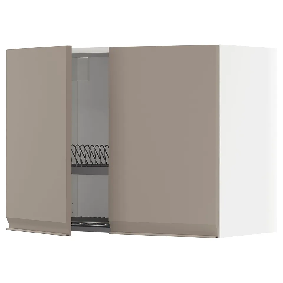 Modern kitchen cabinet, beige, metal shelves, wall-mounted, minimalist design.